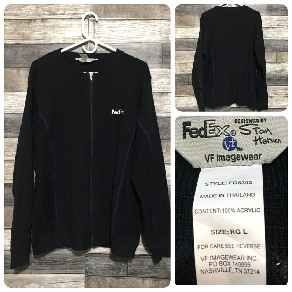Fed Ex Stan Herman Full Zip Sweater Men’s L Black Purple Acrylic Workwear
